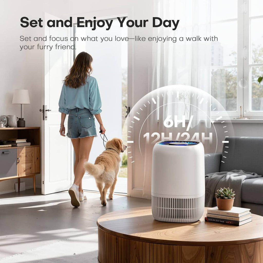 White air purifier on a wooden table with top fan grille