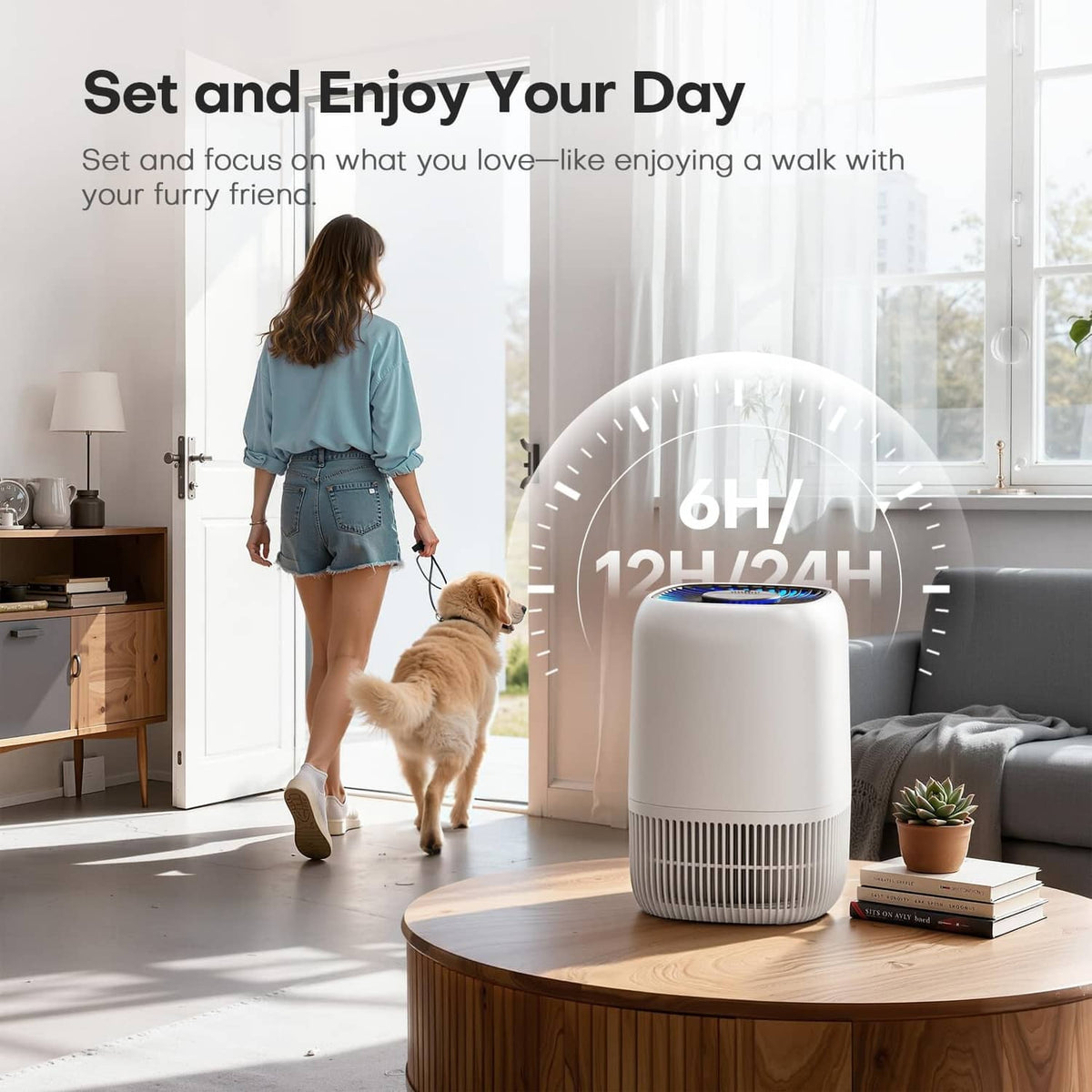 White air purifier on a wooden table with top fan grille
