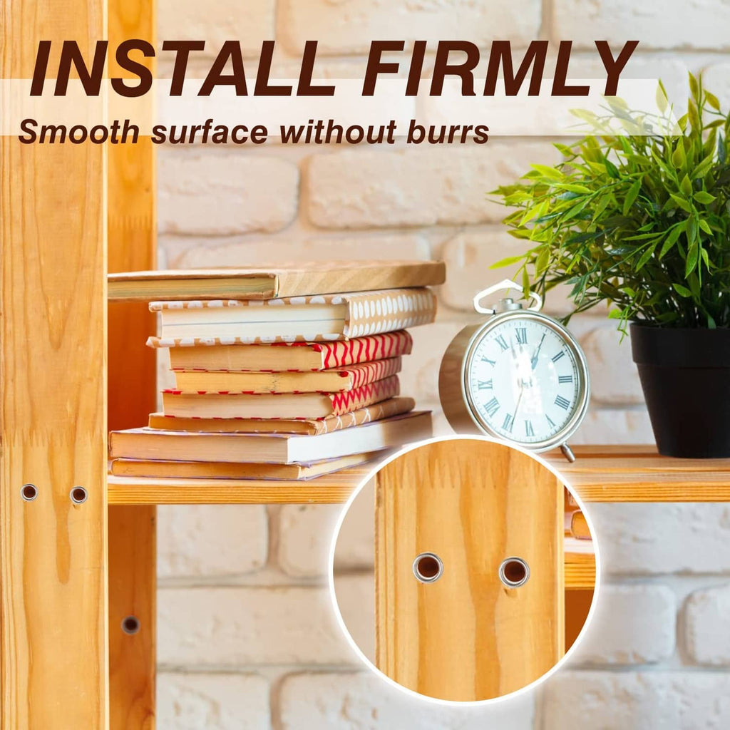 Cabinet shelf pin sleeves in use on a wooden shelving unit for cabinet storage.