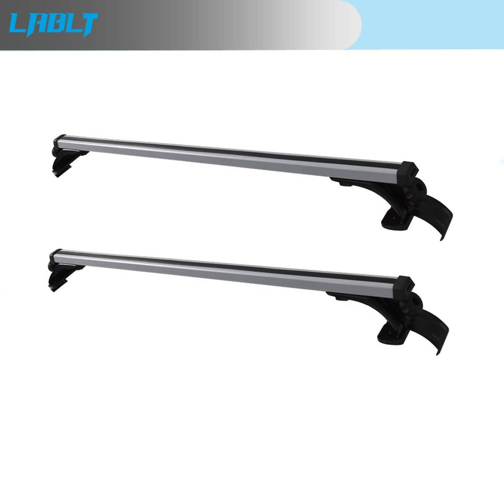 Car roof cross bars pair with black mounting feet on silver rails.
