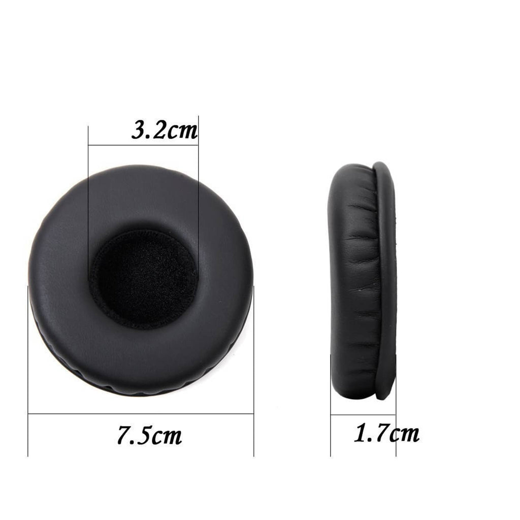 Black ear pad cushion covers with foam inserts, marked 3.2cm x 7.5cm