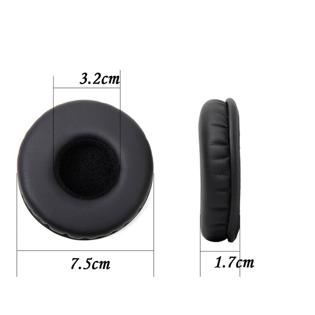Black ear pad cushion covers with foam inserts, marked 3.2cm x 7.5cm
