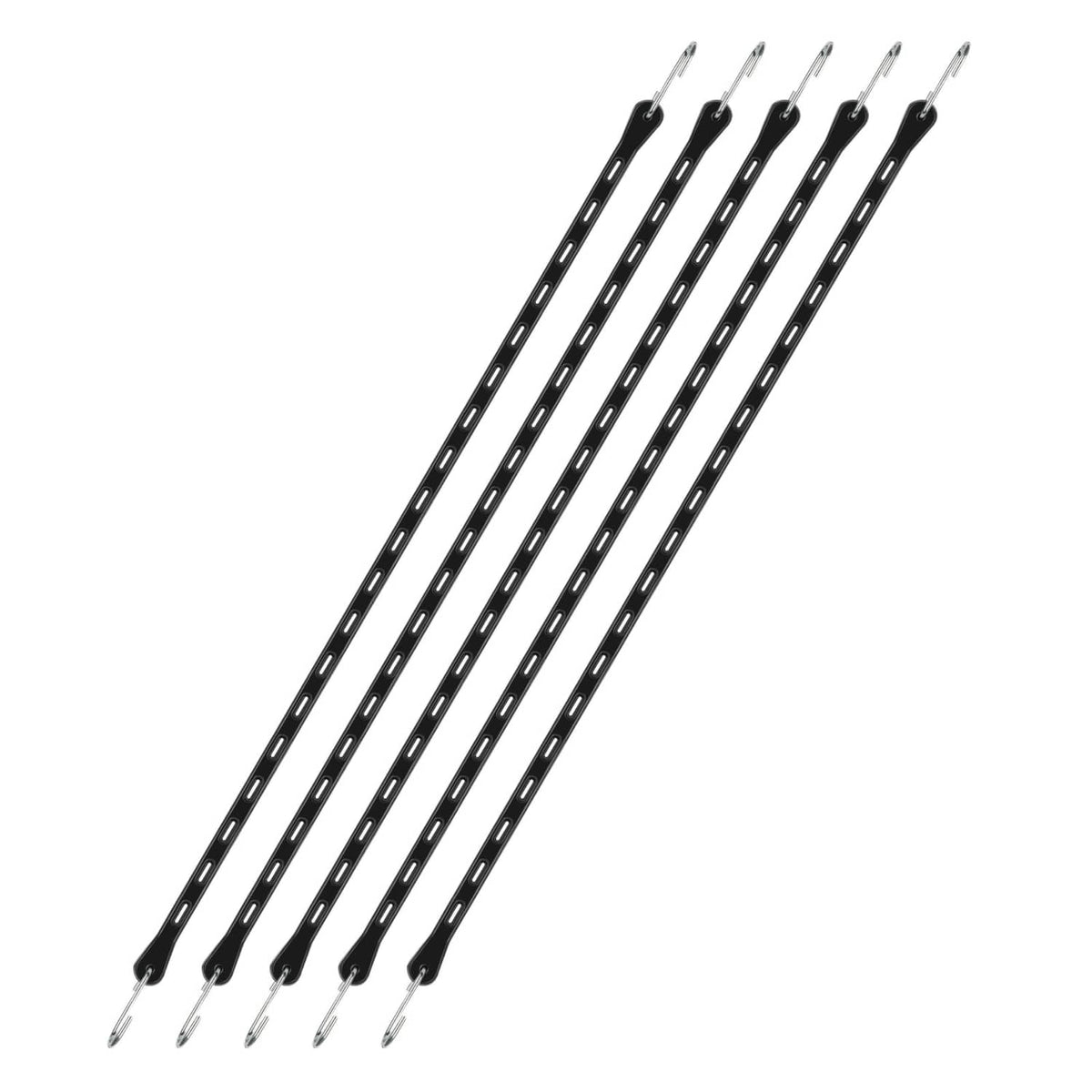Set of 5 black 34-inch adjustable rubber tarp cargo straps with metal hooks