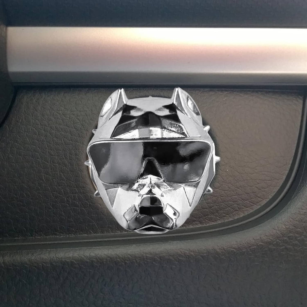 Silver zinc alloy push-start button cover with bulldog face design on textured trim