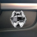 Silver zinc alloy push-start button cover with bulldog face design on textured trim