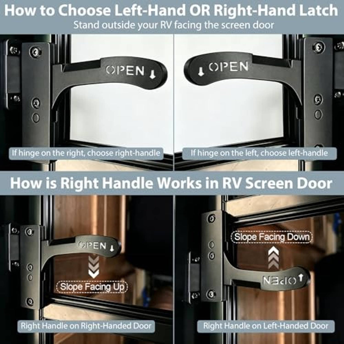 Black RV screen door latch handle kit components showing open/close position