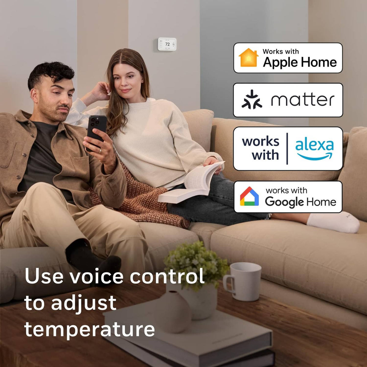 Smartphone showing voice control to adjust thermostat temperature in living room