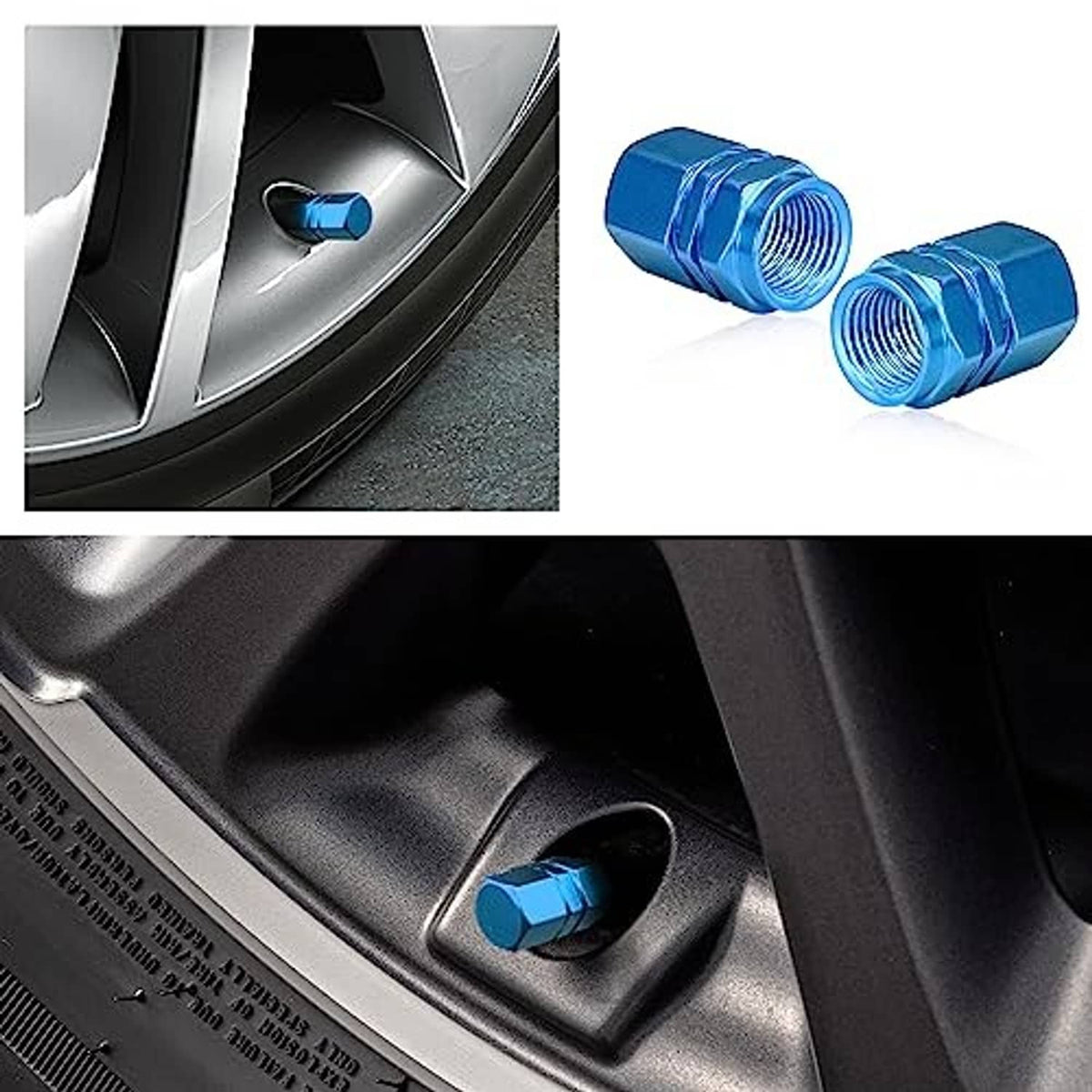 Light blue aluminum valve stem caps on dark wheel rim, hexagon tops