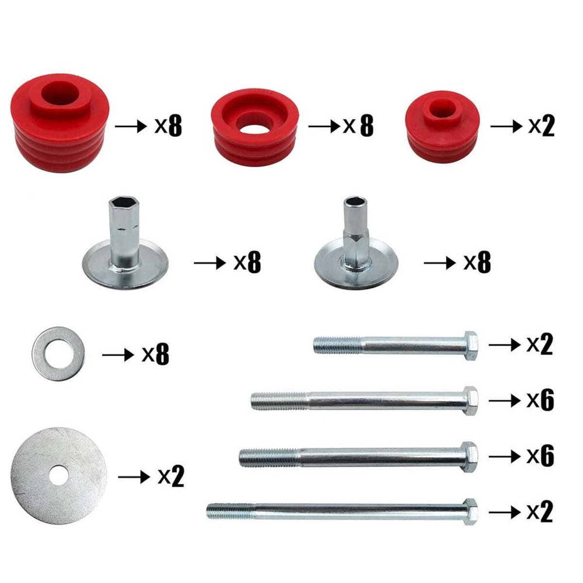 Body cab mount bushing kit parts diagram: red bushings, bolts, and flat washers