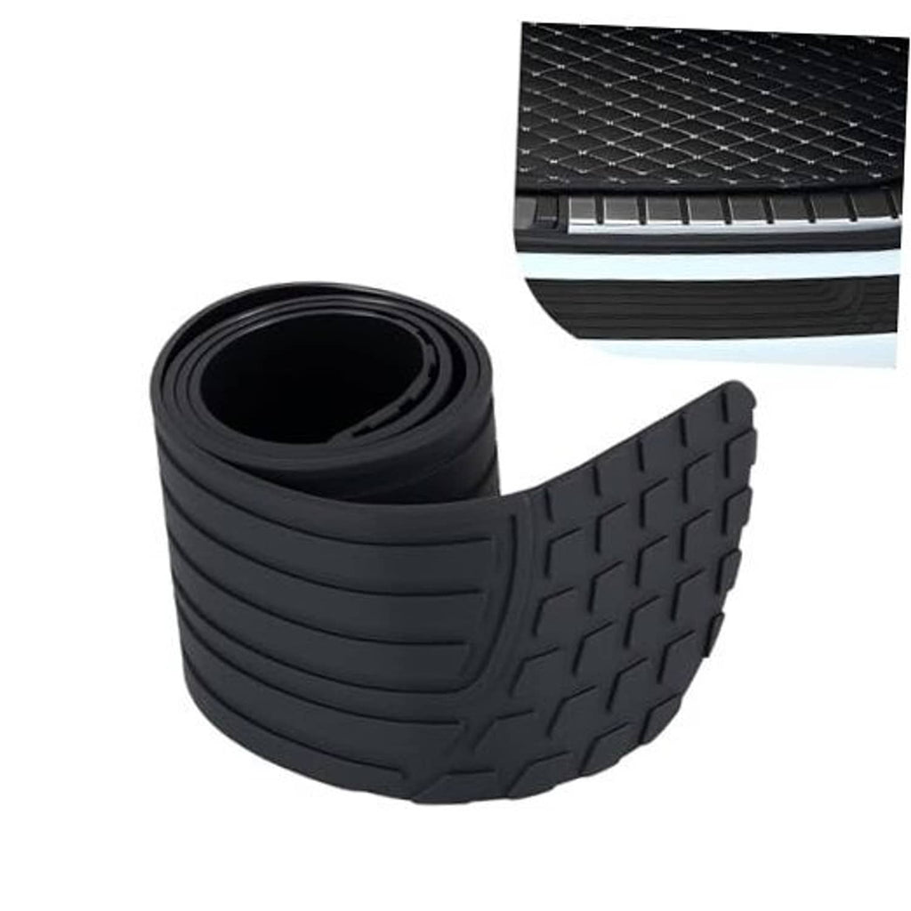 Black flexible car rear bumper protector strip, rolled with raised diamond tread texture