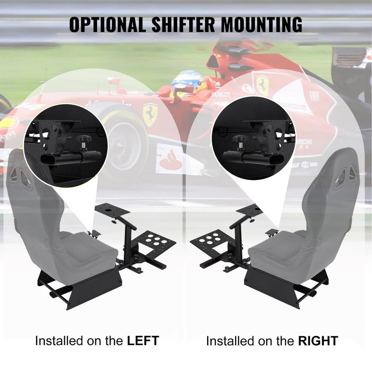 Racing simulator stand showing optional left or right shifter mounting configuration