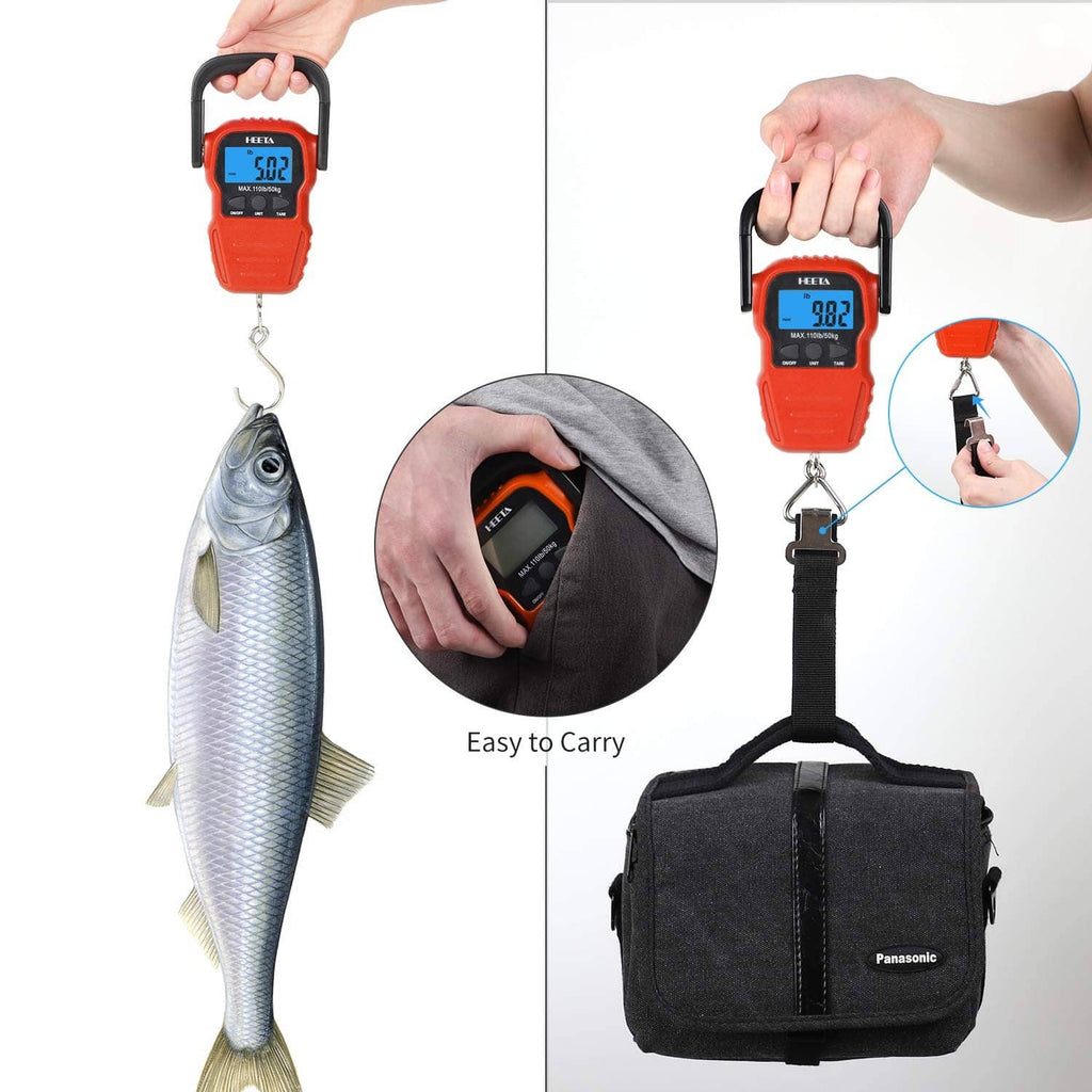 Orange digital fish scale with backlit LCD, hanging hook, and carry strap