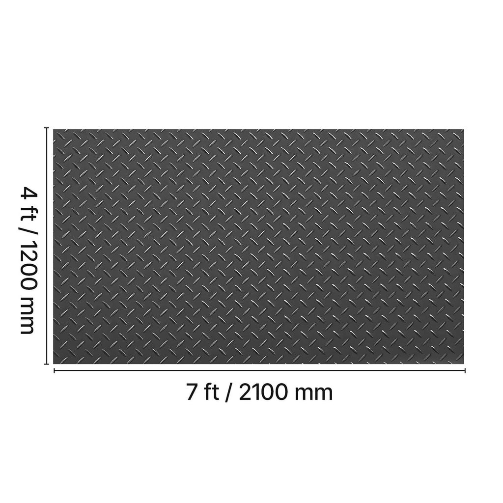 Black PVC diamond-pattern garage floor mat, 7 ft by 4 ft dimensions.