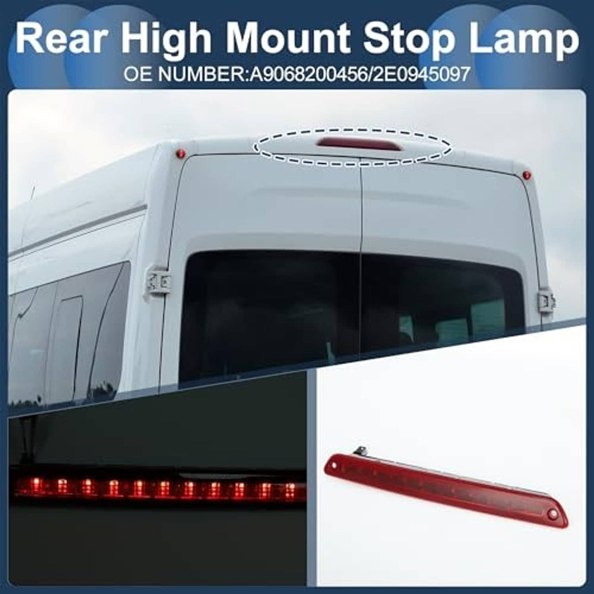 Red rear high mount stop lamp with visible LED strip under a clear housing