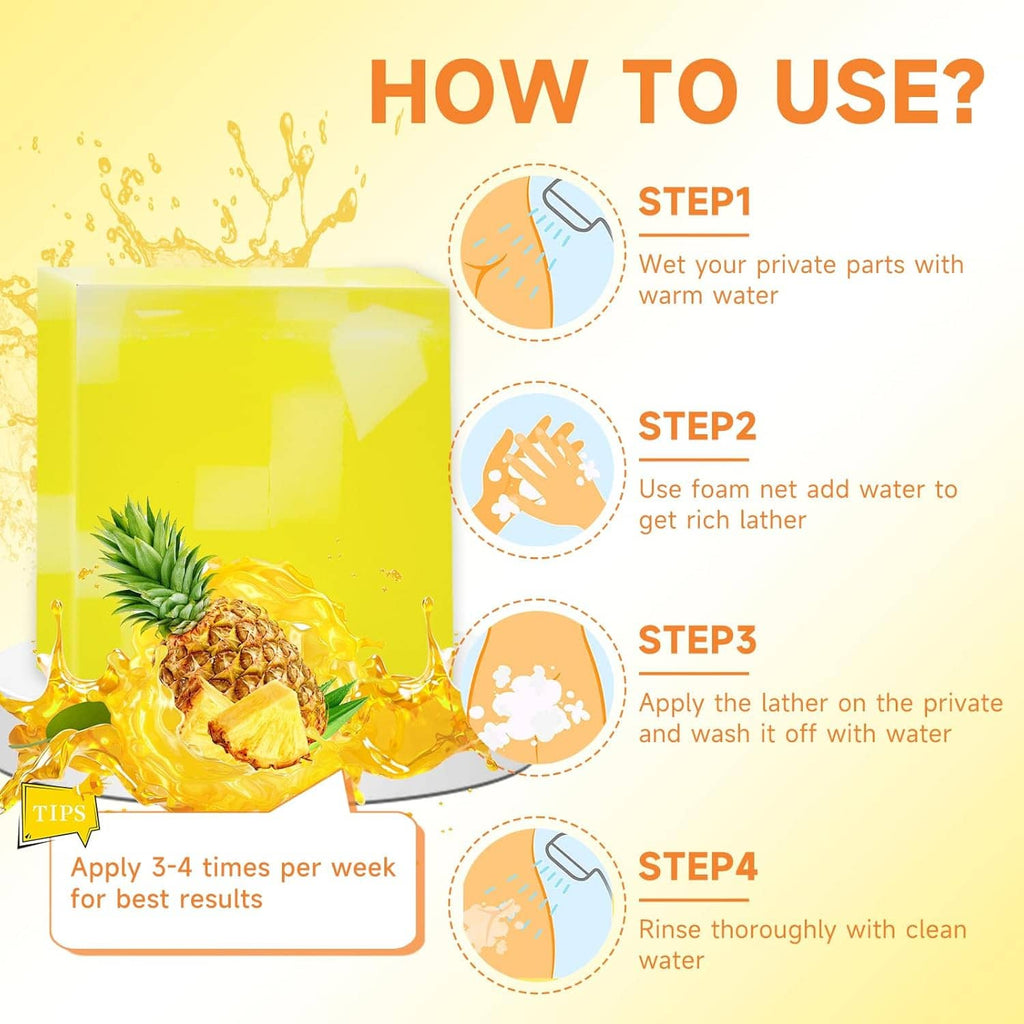 Yellow yoni soap bar with how-to-use steps: wet, lather, apply, rinse