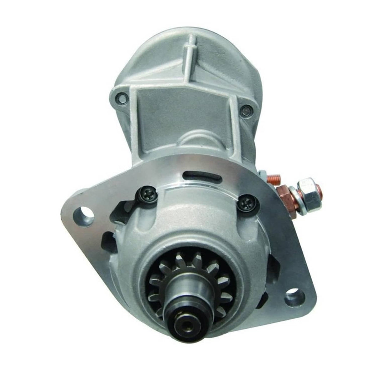 Diesel starter motor front view with circular gear area and silver mounting bracket