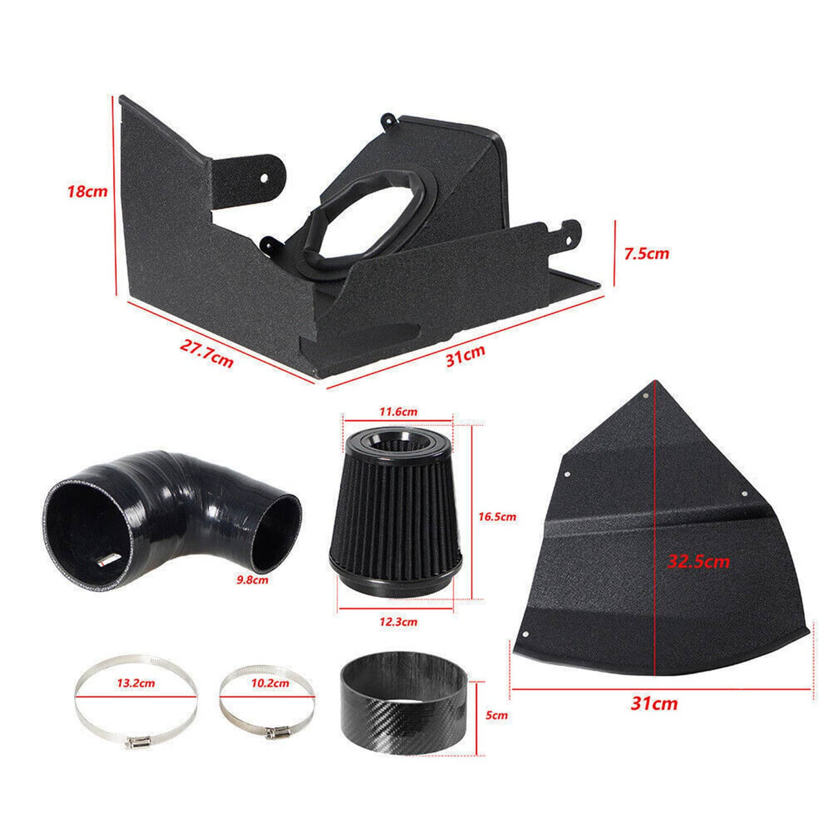 Black cold air intake kit mounting box with cone filter, intake tube, hose rings, clamps