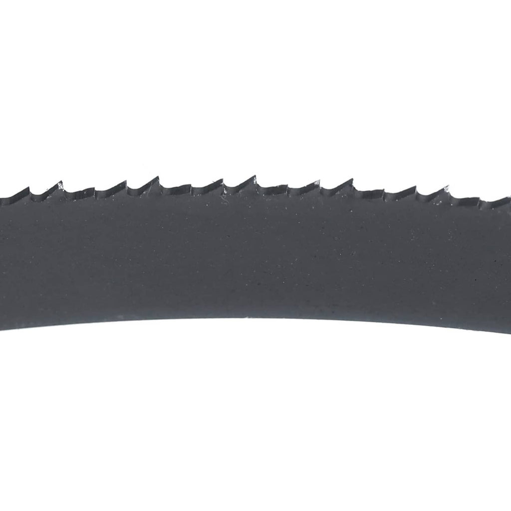 Close-up of bi-metal band saw blade teeth along the cutting edge