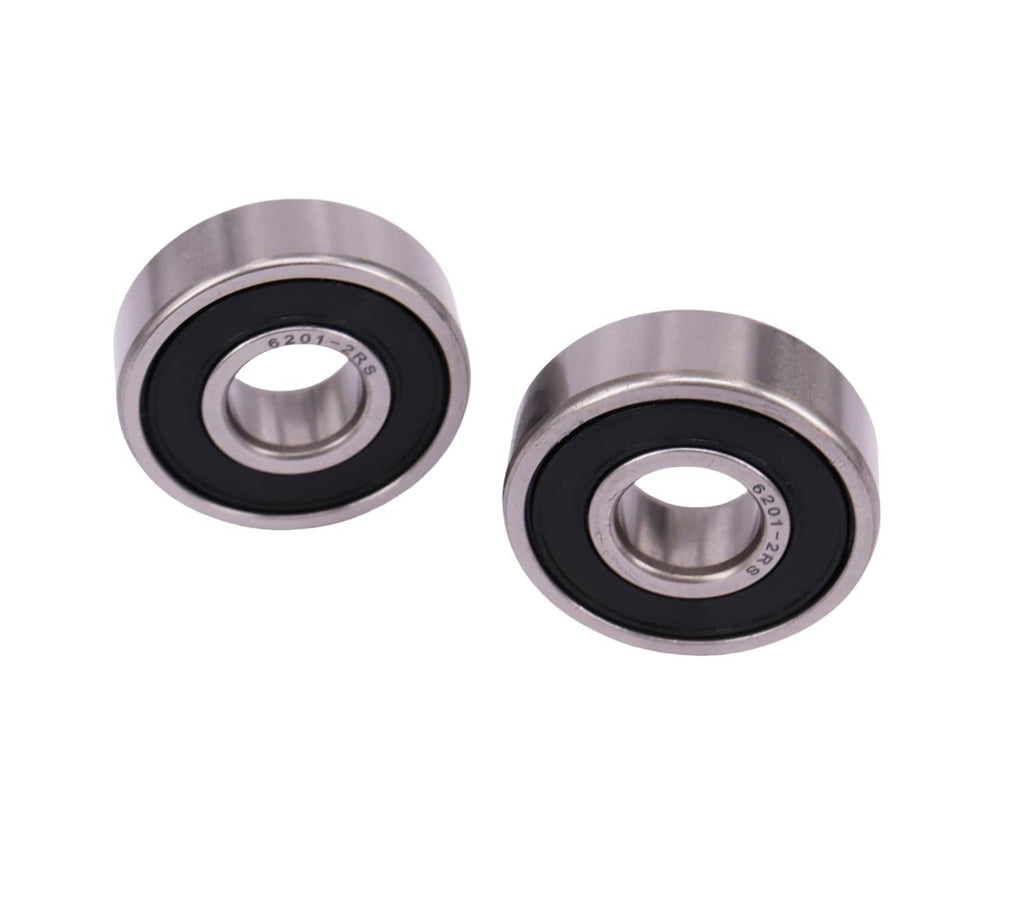 Two double-sealed deep groove ball bearings, metal rings with black rubber seals