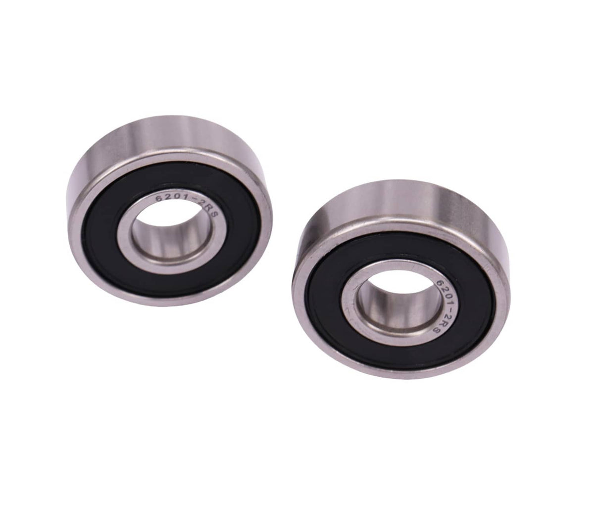 Two double-sealed deep groove ball bearings, metal rings with black rubber seals
