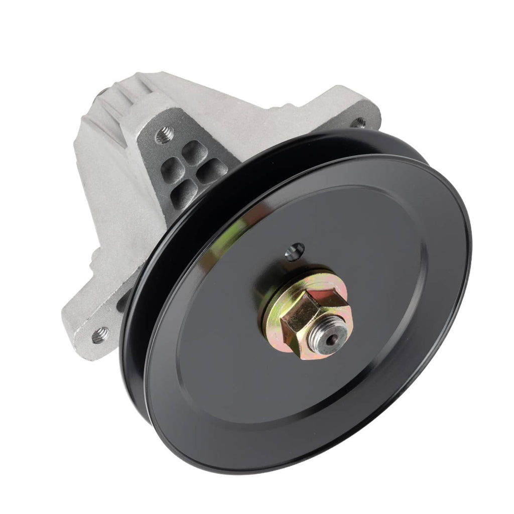 Black deck spindle pulley with metal mounting bracket and hex bolt