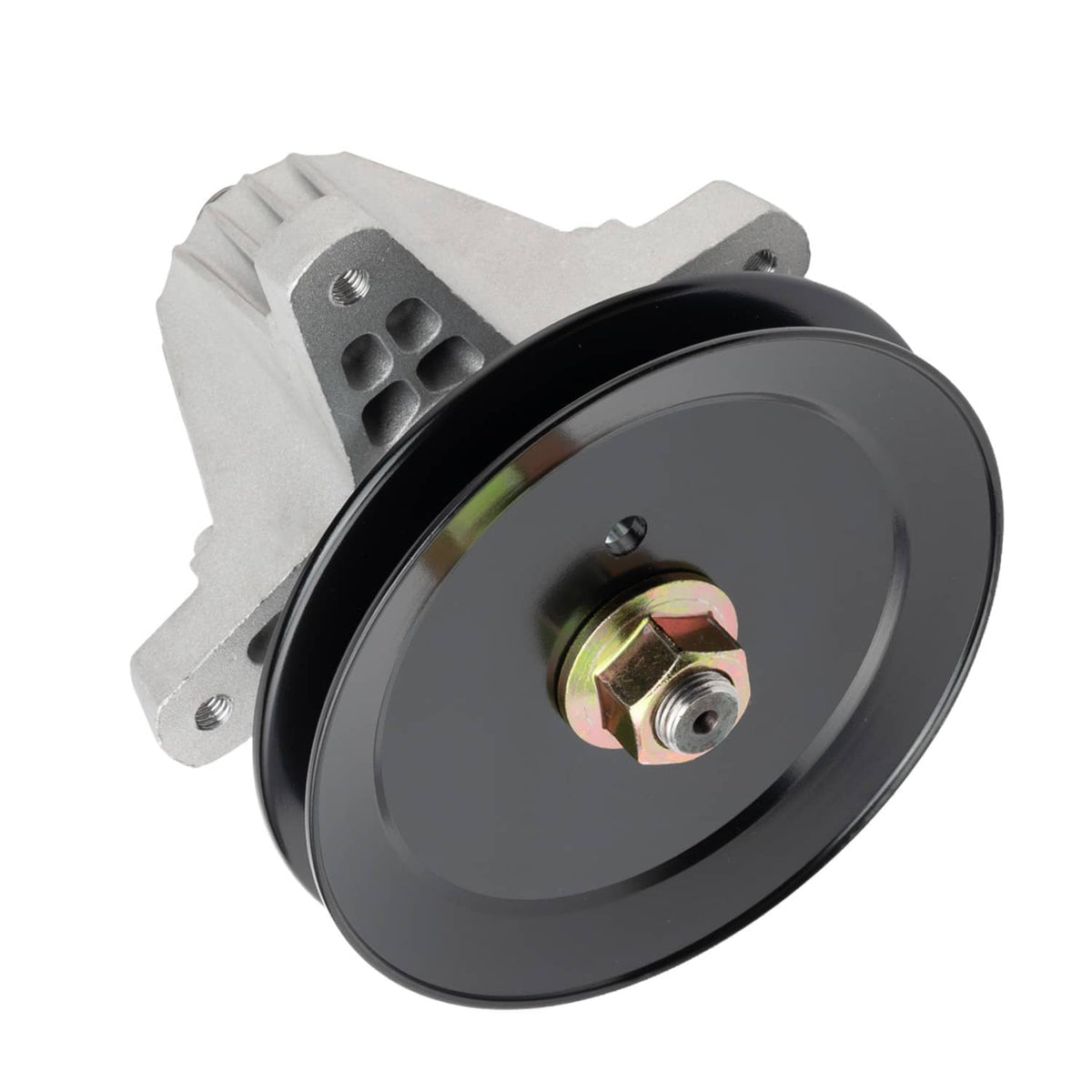 Black deck spindle pulley with metal mounting bracket and hex bolt
