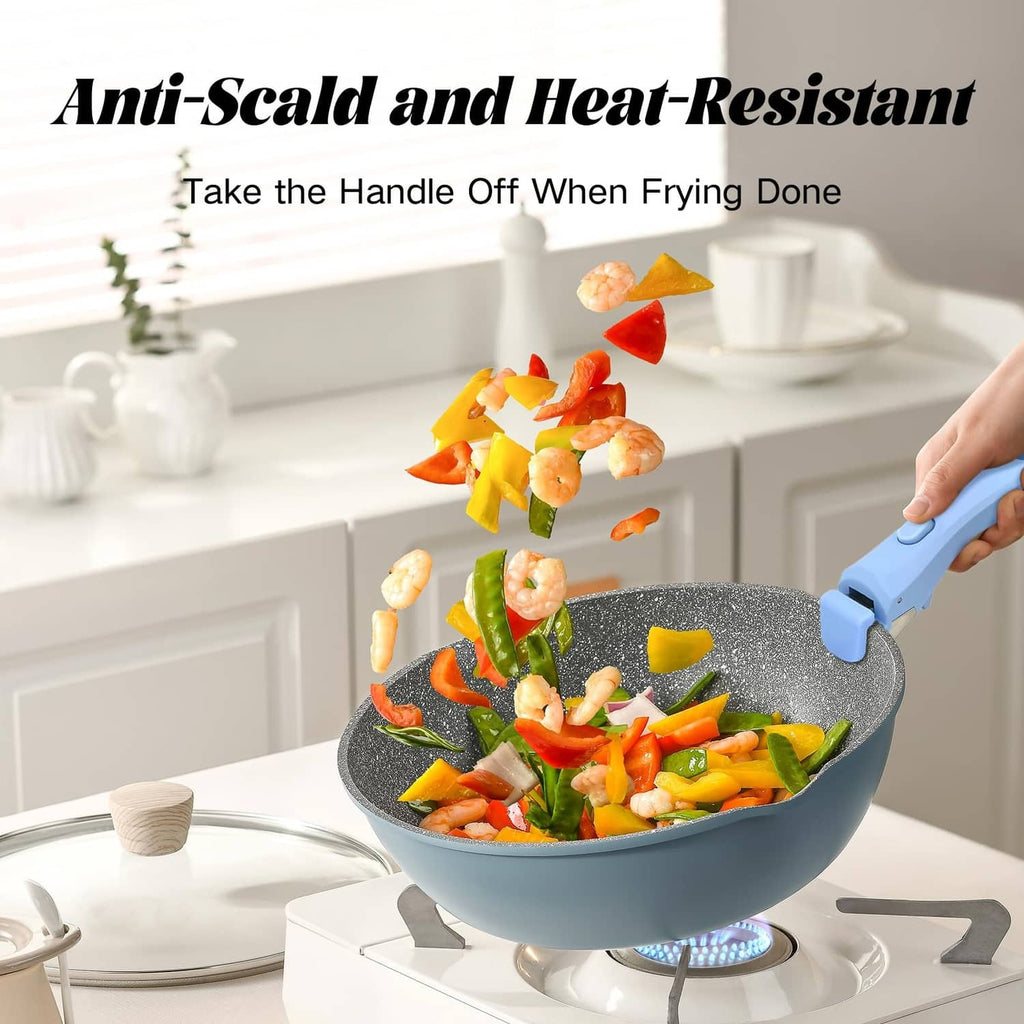 Blue-gray detachable handle mounted on a nonstick pan for stovetop cooking