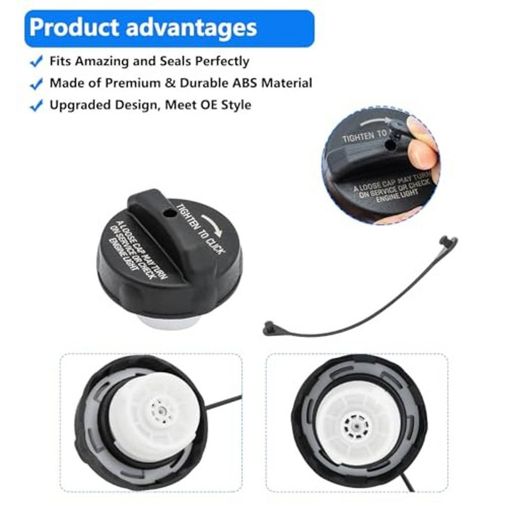 Fuel gas cap features graphic showing black cap, tether, and seal insert