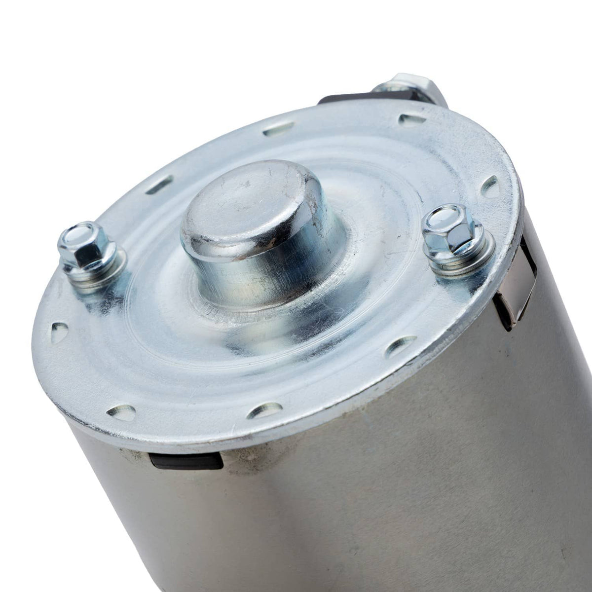 Starter motor with metal housing and top mounting plate, including spring terminals