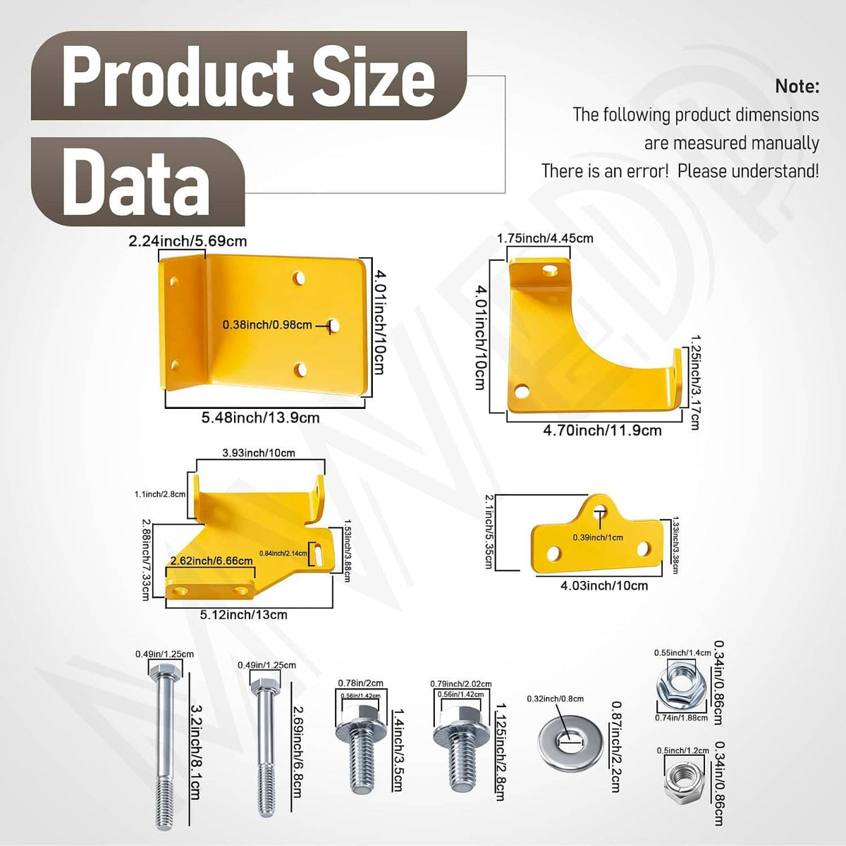 Yellow mounting bracket kit with size diagram panels and included bolt hardware