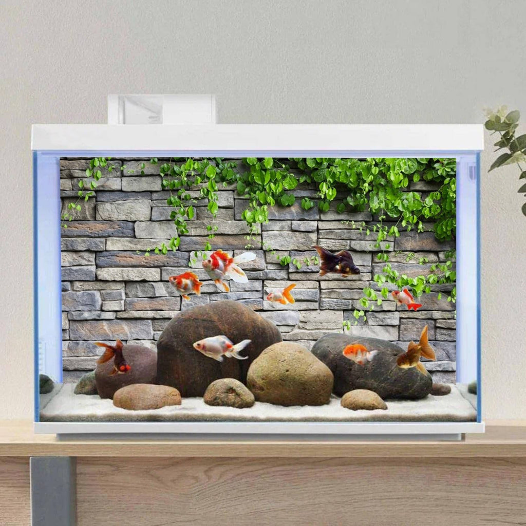 Gray stone brick aquarium vinyl backdrop with dense green ivy vines and leaves