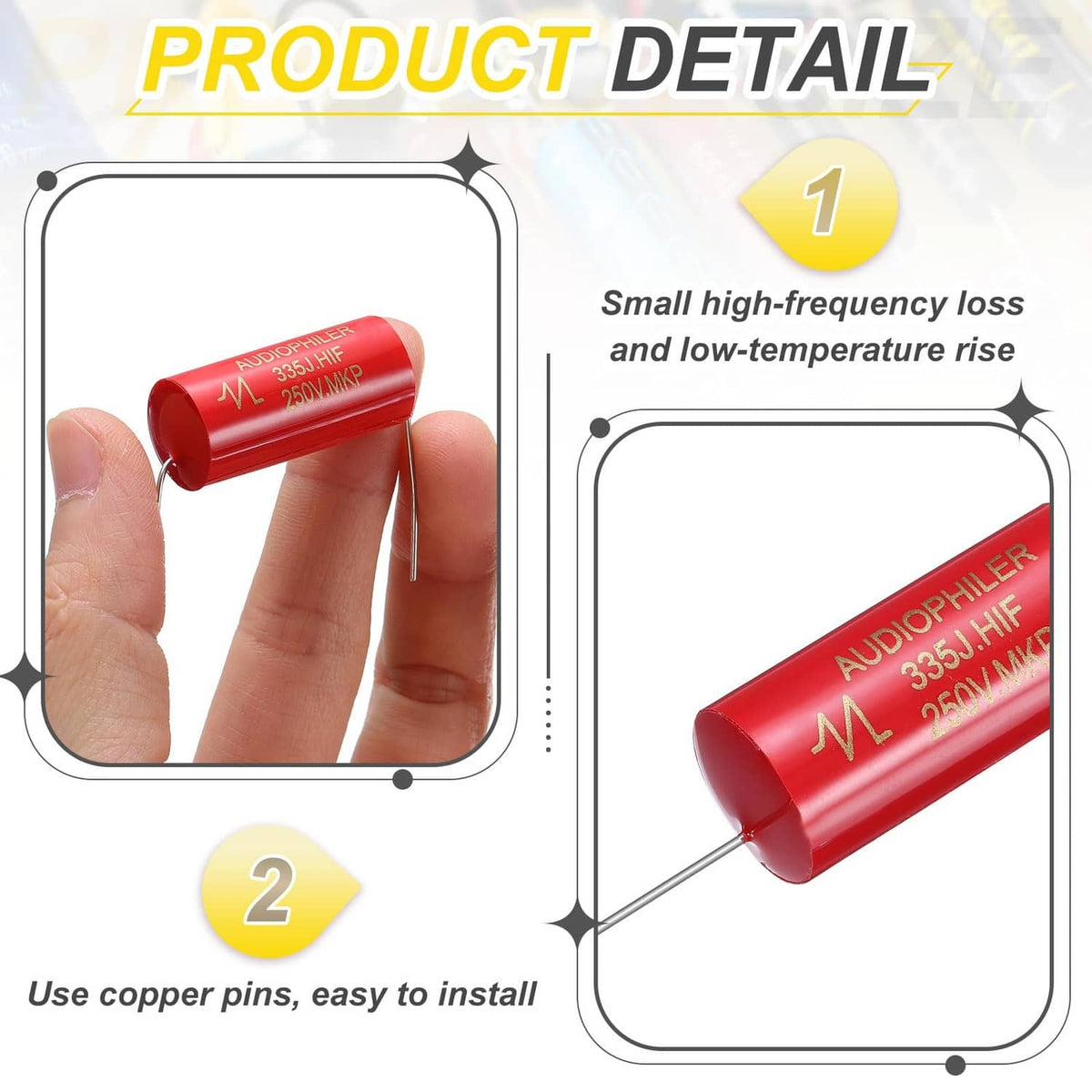 Red axial audio capacitor held by hand; small cylinder body with two metal leads