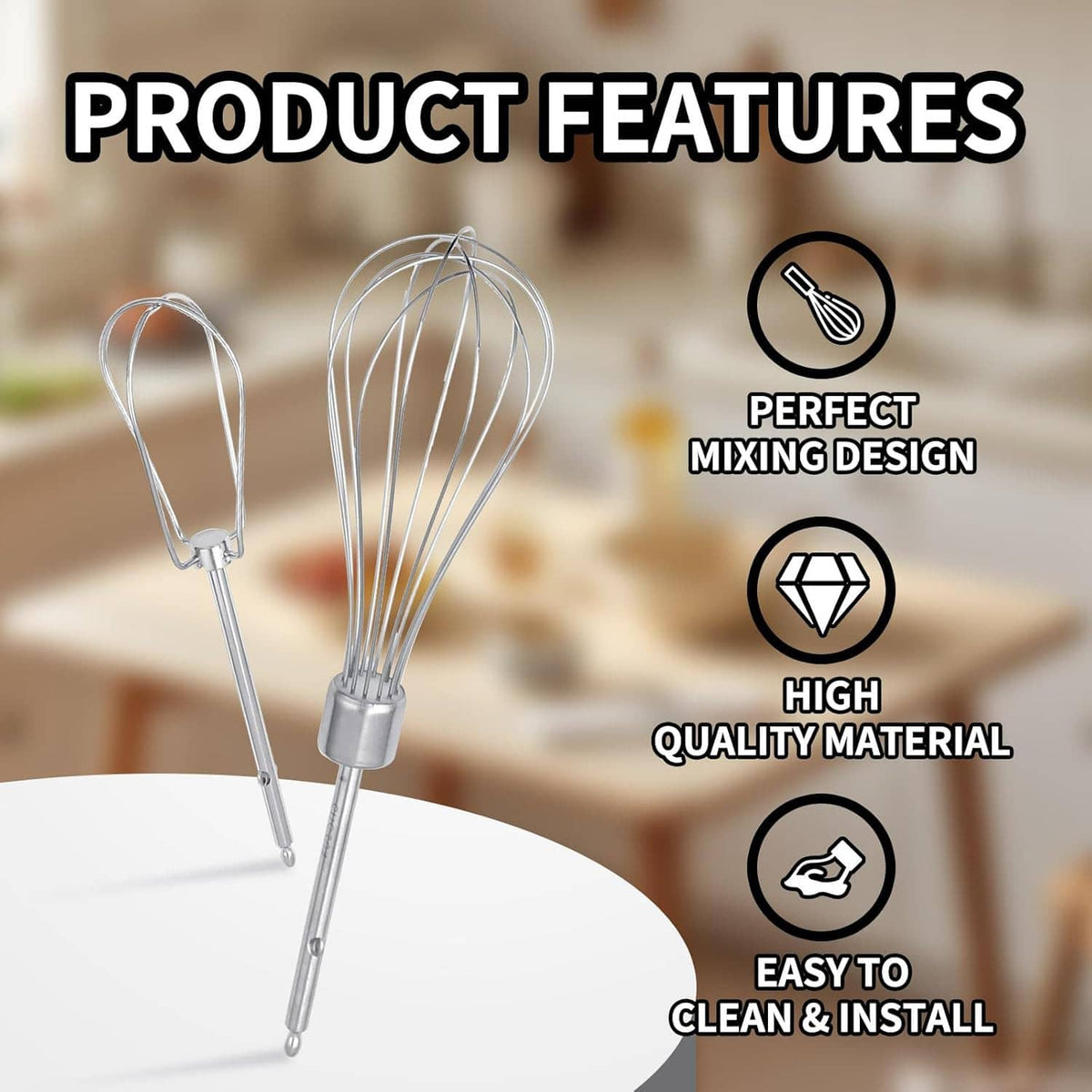 Two stainless steel hand mixer beaters with wire loops and connector stems