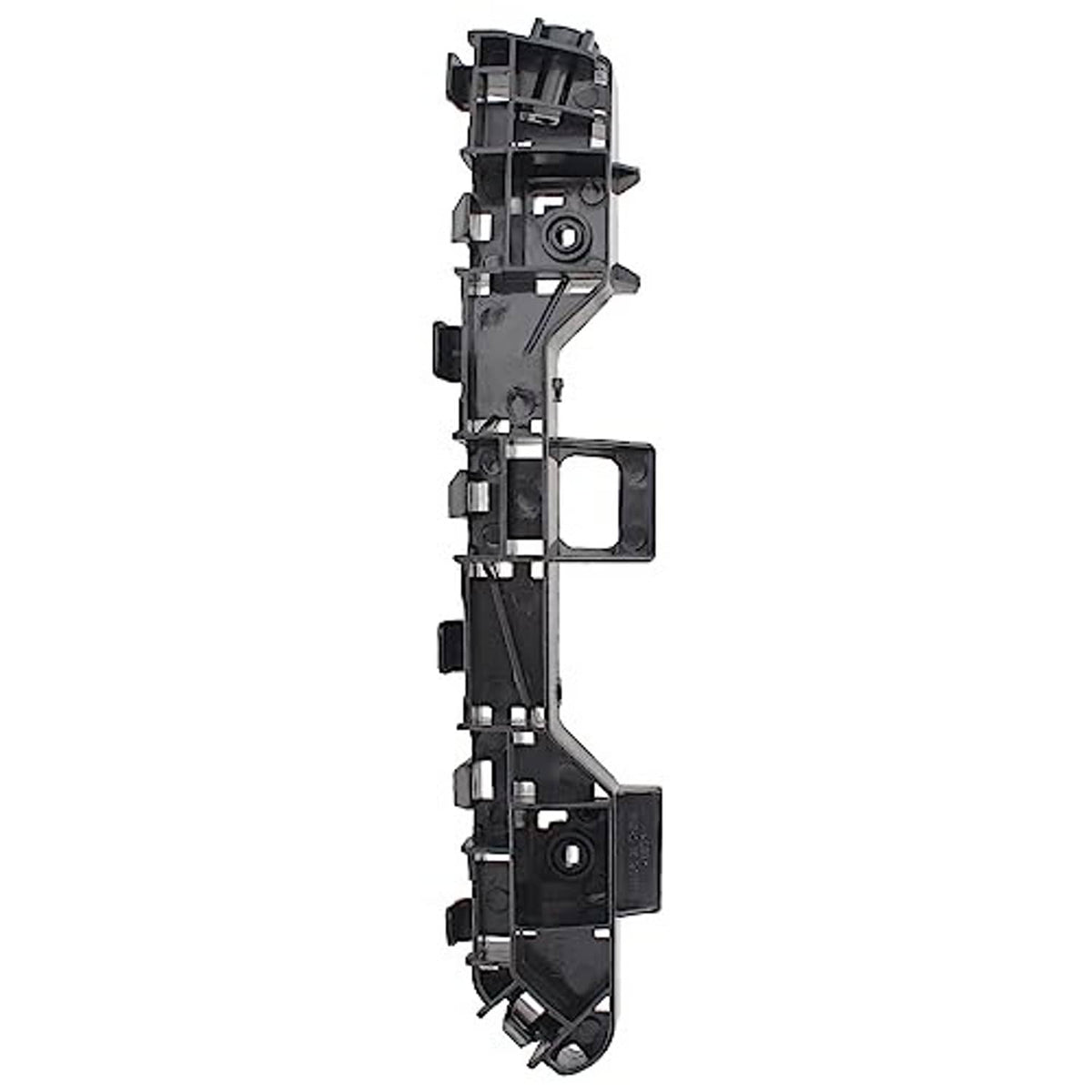 Black plastic front bumper cover support bracket with round mounting hole and tabs