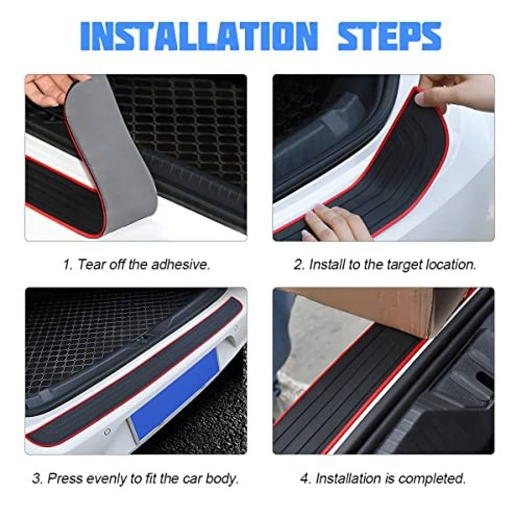 Black adhesive-backed bumper protector guard being pressed onto car rear bumper