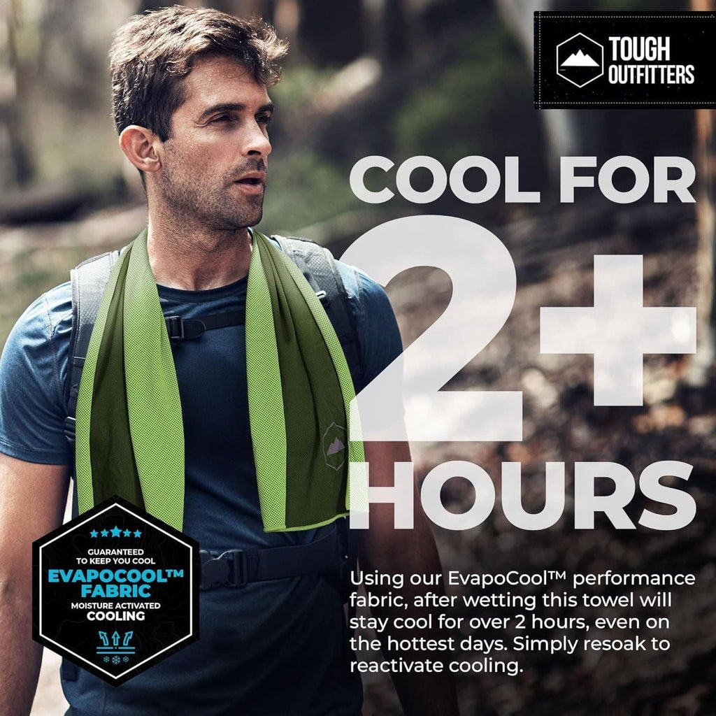 Cooling towel in bright green draped around a man’s neck