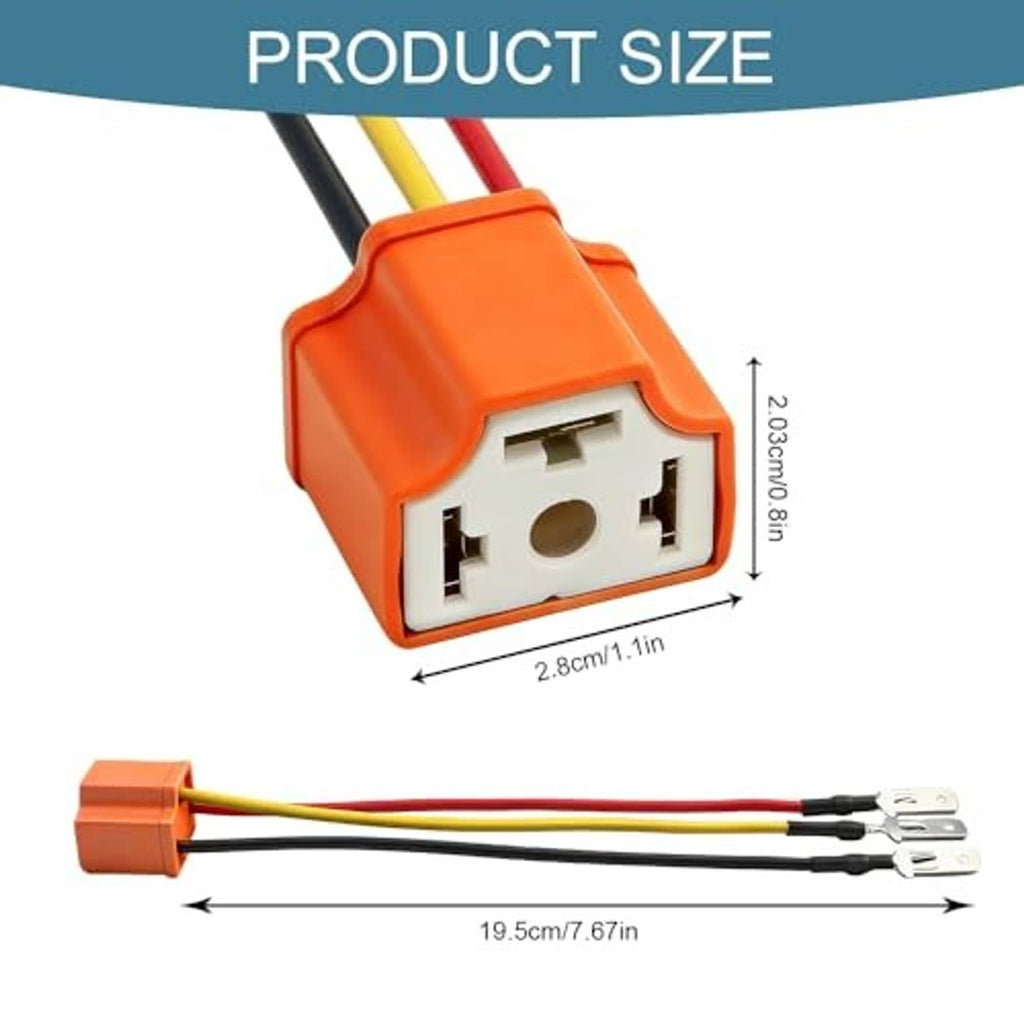 Orange headlight socket connector pigtail with red, yellow, and black wires plus twin metal pins