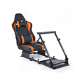 Racing wheel stand with black and orange gaming seat and adjustable metal base