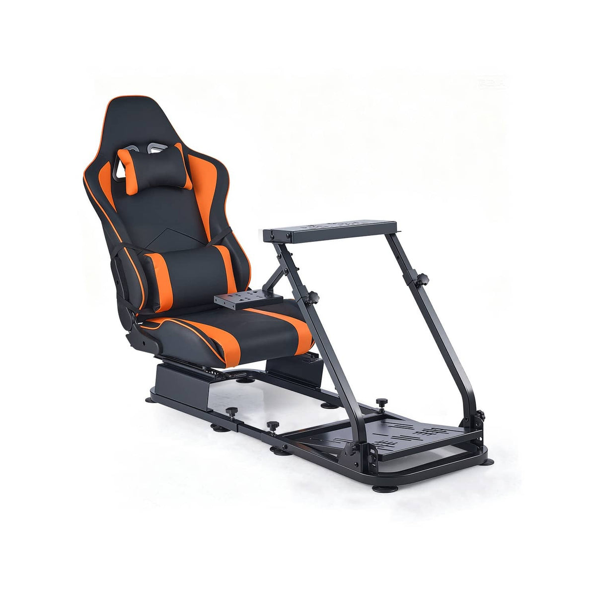 Racing wheel stand with black and orange gaming seat and adjustable metal base
