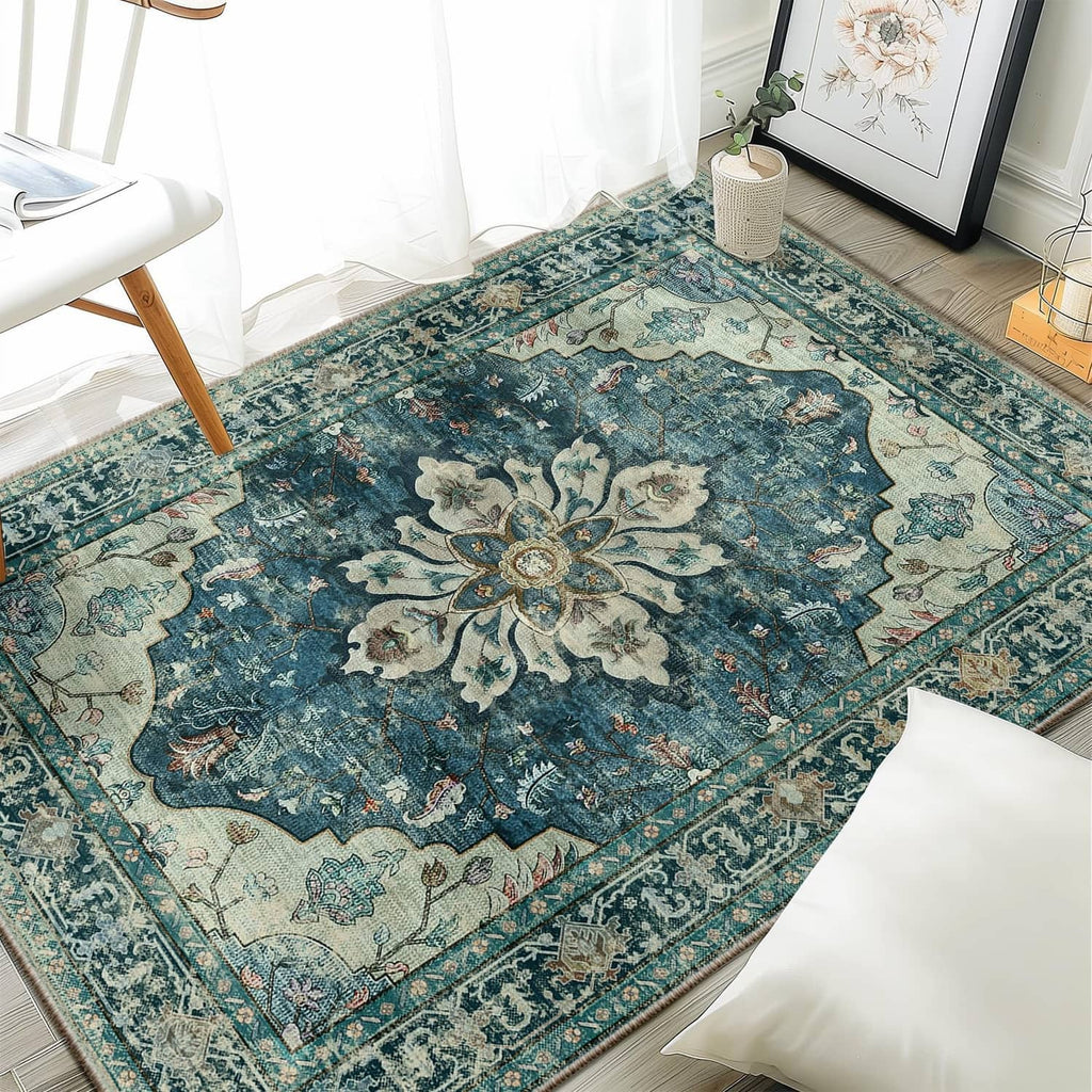RELEANY washable area rug, rectangular, blue vintage floral medallion pattern
