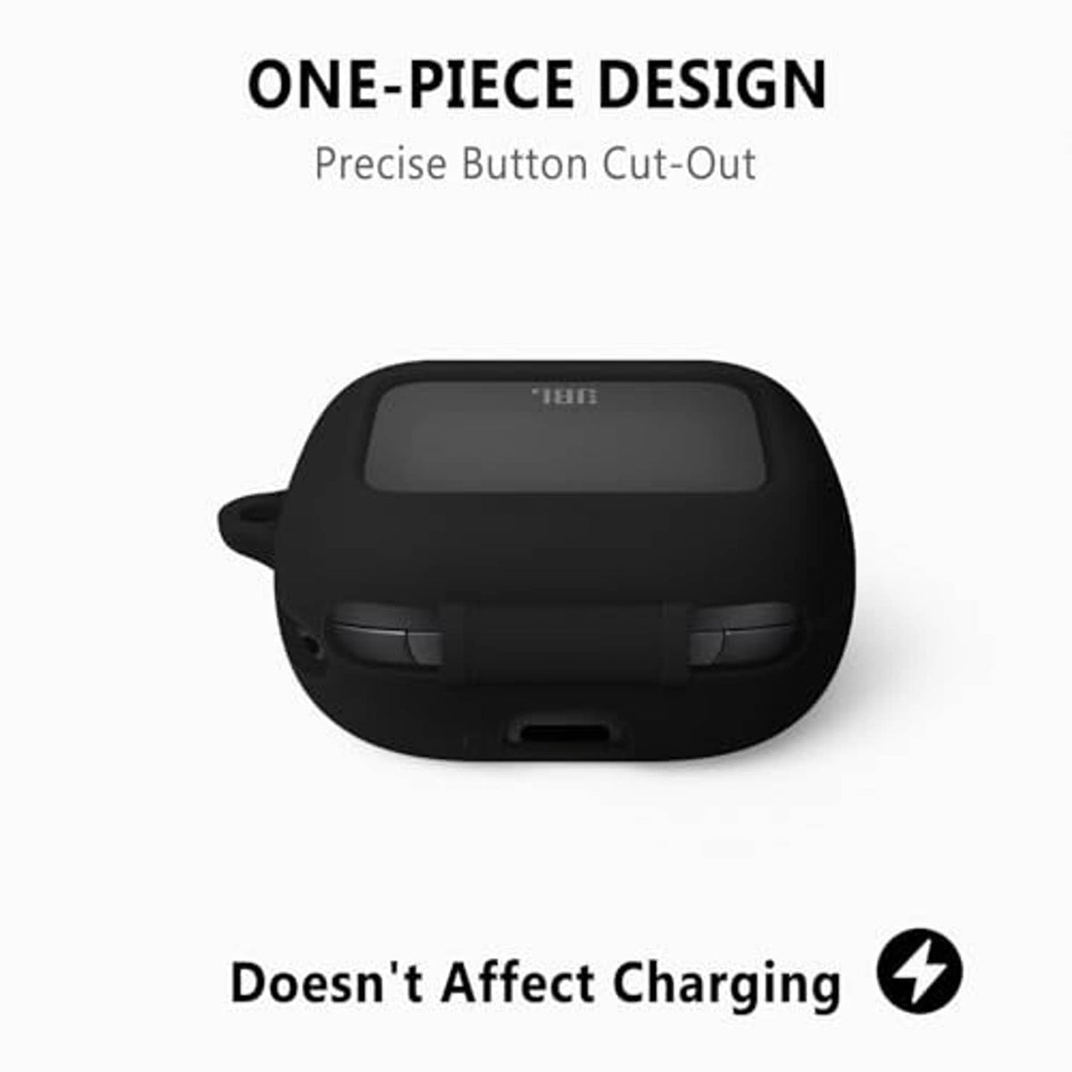 Black one-piece silicone case with precise button cutouts and charging port access.