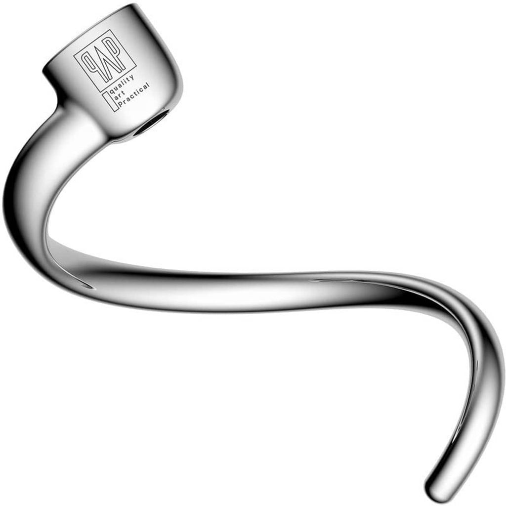 Bright silver stainless steel spiral dough hook with QAP logo