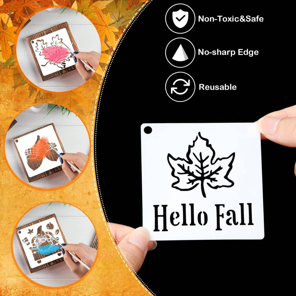 Hello Fall stencil card with outlined maple leaf, reusable style