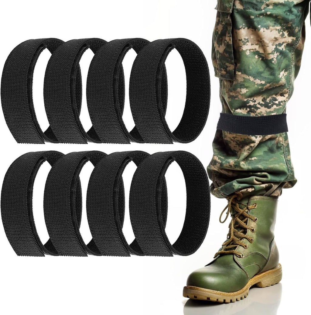 Set of 8 black boot blousing straps with hook-and-loop; bands shown laid out and on boot