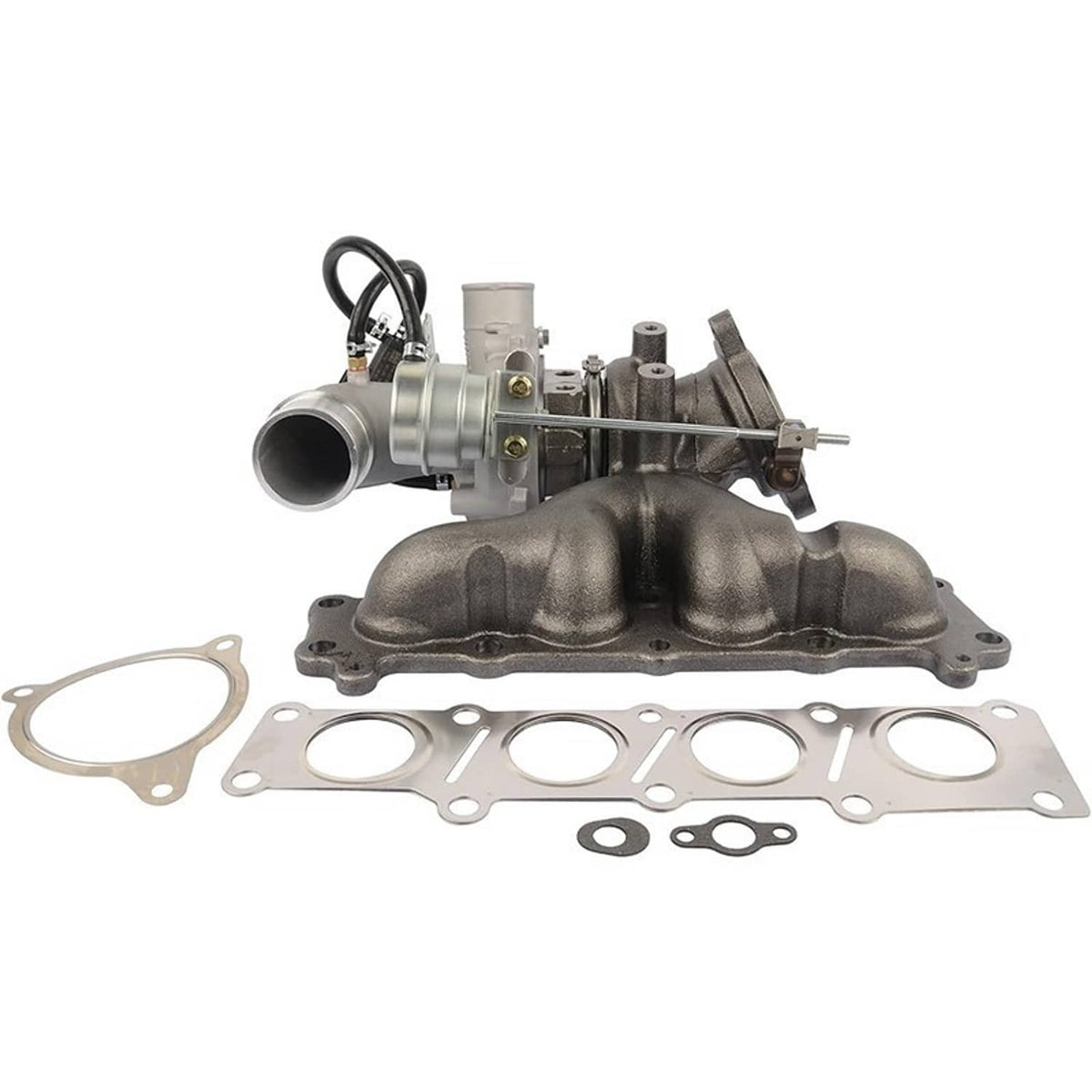 Turbocharger with black inlet hose and cast manifold, shown with gasket set
