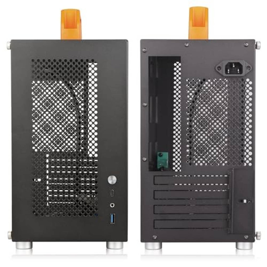 SFF mini-tower PC case front and rear views with mesh panels, ports, and orange handle