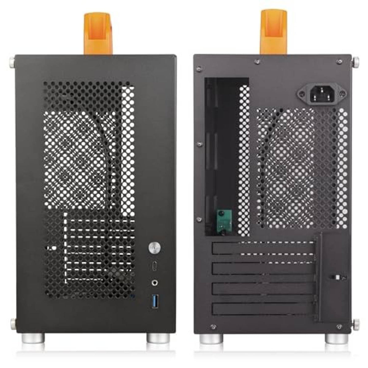 SFF mini-tower PC case front and rear views with mesh panels, ports, and orange handle