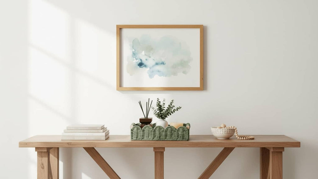 Green woven toilet paper storage basket with side loop handles on a shelf