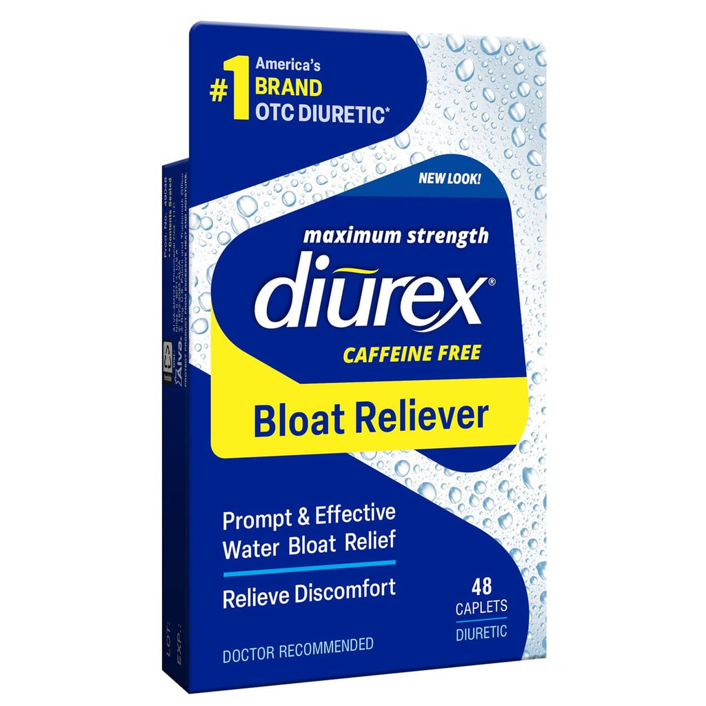 Diurex Caffeine-Free bloat relief box, blue packaging, 48 caplets