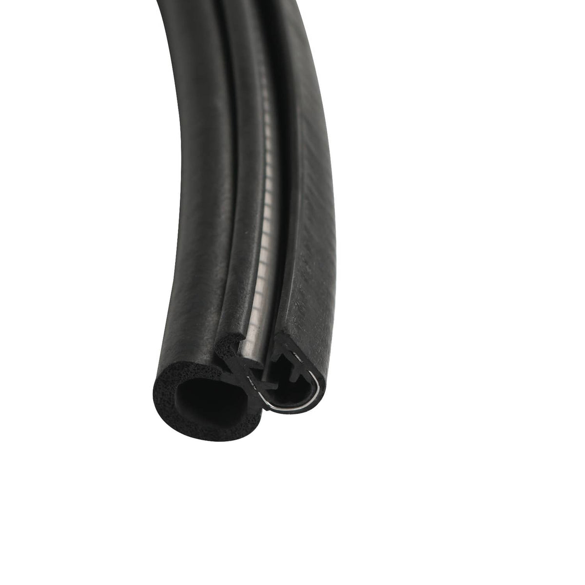 Close-up of black rubber seal end with channel opening